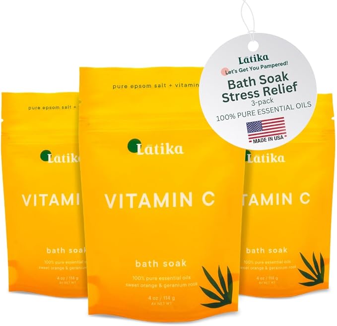 Latika Soaks Set of 3 - Vitamin C Bath Soaks with Sweet Orange and Geranium Rose - Moisturizing Epsom Salt Soaks for Stress Relief, Detox, and Antioxidant Skincare - at Home Spa Retreat