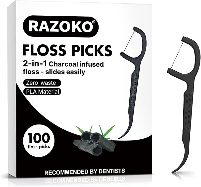 RAZOKO Natural Dental Floss Picks High Toughness Charcoal Toothpicks Sticks-Vegan,Eco-Friendly Sustainable Flossers for Teeth Cleaning 100 Count