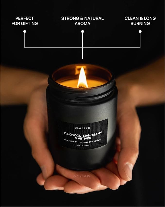 Craft & Kin Premium Oakwood, Mahogany & Vetiver Candle | Black Fall Scented Candles for Men | Long Lasting with 45 Hour Burn Time, 7.6oz | Made with Fall Soy Candles | Aromatherapy at Home