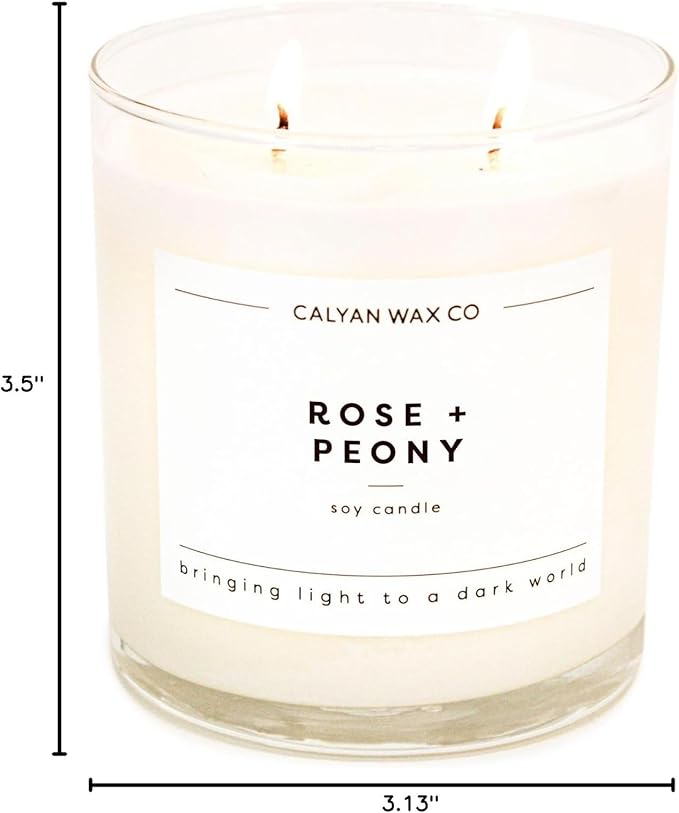 Calyan Wax Co. 2 Wick Candle, Rose + Peony Scented Candle, 37 Hour Burn Time, Aromatherapy Soy Candles, Non Toxic & Vegan Soy Wax, Glass Tumbler Scented Candles, 12.5oz