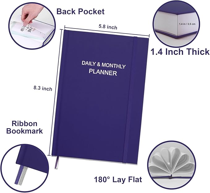 Daily & Monthly Planner for 2025 2026 or Anytime - ADHD Planner Two Pages Per Day, Daily Planner Undated to Increase Focus, Eliminate Overwhelm, Achieve Your Biggest Goals, 5.8'' × 8.3'', Purple