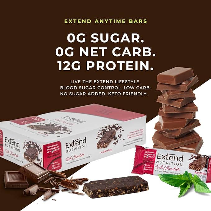 Extend Nutrition Sugar Free High Protein Bars, Perfect Sugar Free Snacks for Diabetes, Protein Bars for Hunger Control & Steady Energy, Low Carb, Keto, Intermittent Fasting, Rich Chocolate, 12 Count