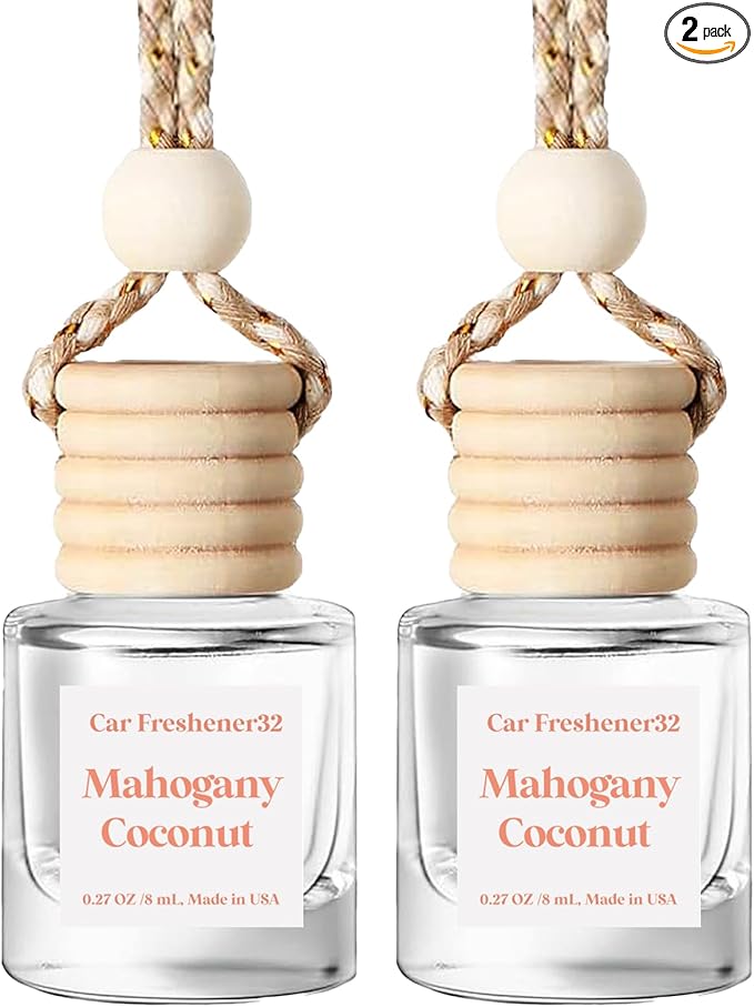 Car Air Freshener Hanging, Essential Oil Diffuser for Car, Mahogany Coconut Car Air Freshener Cute, Long Lasting Air Freshener, Car Fresheners for Women, Made in USA