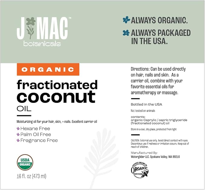 J Mac Botanicals, Organic Fractionated Coconut Oil (16 oz. with a Pump) Carrier Oil for diluting Essential Oils, Leave in Conditioner for Dry Damaged Hair, Skin, Massage