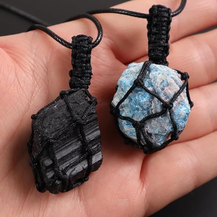 Handmade Natural Gemstone Crystal Pendant Necklace Stone Holder Necklace Cord Net Necklace with Adjustable Length for Women Men