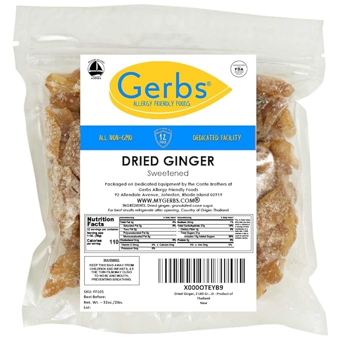 Gerbs Crystalized Dried Ginger 2 lbs. | Unsulfured, No Additives, Resealable Bulk Bag | Bold & Spicy Flavor | Top 14 Allergen-Free