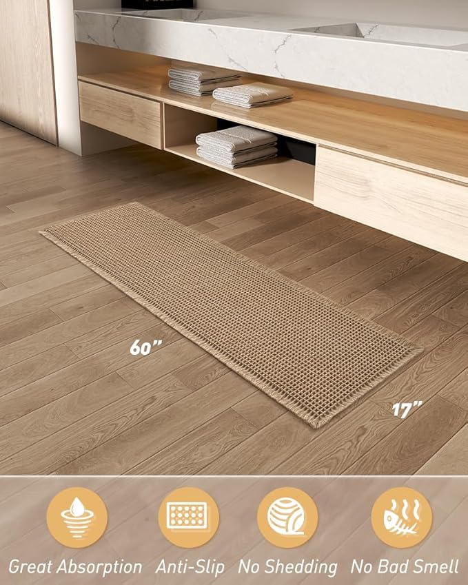 AMOAMI Upgraded Waffle Runner Rug, Super Absorbent Non Slip Bath Mats for Bathroom Floor, Machine Washable Bathroom Boho Runner Rug with Tassels, Ideal for Hallway Bedroom Laundry Room,17" x 60"