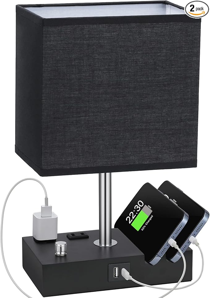 Kakanuo Table Lamp for Bedroom with Dual USB Ports, Fully Dimmable Black Bedside Lamp with Phone Stands and 2 Charging Outlets, Desk Lamp for Nightstand and Living Room, LED Bulb Included