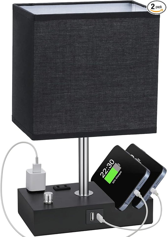 Kakanuo Table Lamp for Bedroom with Dual USB Ports, Fully Dimmable Black Bedside Lamp with Phone Stands and 2 Charging Outlets, Desk Lamp for Nightstand and Living Room, LED Bulb Included