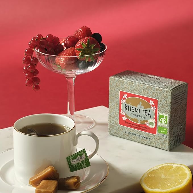 Kusmi Tea - St. Petersburg - Organic Black Tea - Earl Grey Tea - Blend of Black Tea with Red Berries, Caramel, Vanilla & Bergamot - Robust, Caffeinated Tea - 20 Tea Bags