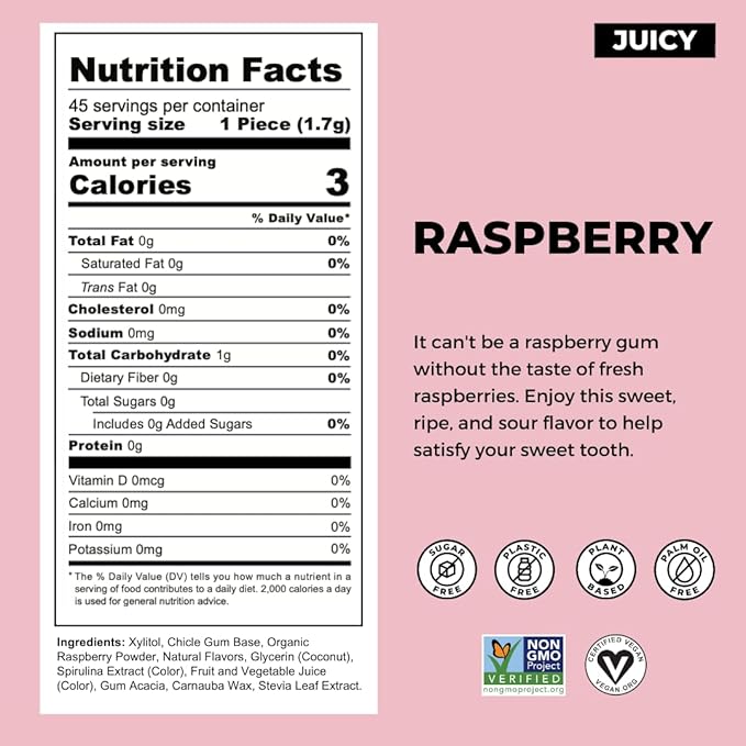 Refresh Gum, Xylitol, Natural, Sugar Free, Plastic Free, Natural Flavors & Organic Ingredients, Plant-Based, Low Calorie, Non GMO, Gluten Free, Vegan, Raspberry Flavor, 12 Pcs, 12 Pack