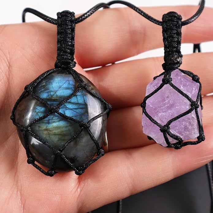 Handmade Natural Gemstone Crystal Pendant Necklace Stone Holder Necklace Cord Net Necklace with Adjustable Length for Women Men