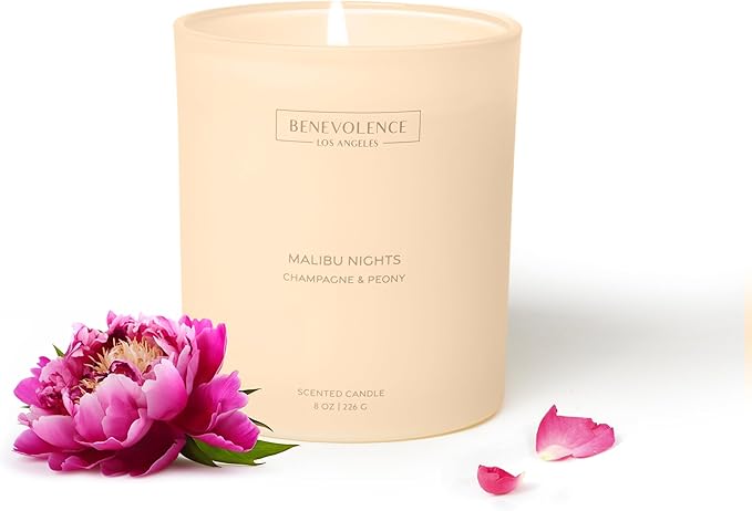 Champagne & Peony – Benevolence LA Scented Candle | 8oz, 45-Hour Burn | Natural Soy Wax, Cotton Wick | Romantic & Elegant Home Fragrance | Malibu Sands Collection – Gift for Women & Men