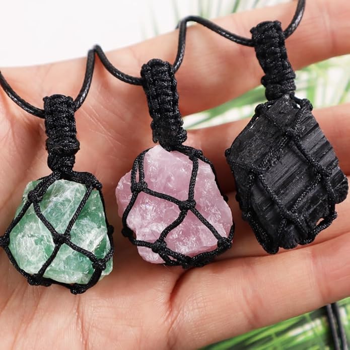 Handmade Natural Gemstone Crystal Pendant Necklace Stone Holder Necklace Cord Net Necklace with Adjustable Length for Women Men