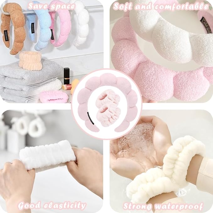 Spa Headbands for Washing Face Wristband Set Sponge Makeup Skincare Headband Wrist Towels Bubble Soft Terry Towel Cloth Hairband for Women Puffy Headwear Non Slip Thick Thin Hair Headwear (Light pink)