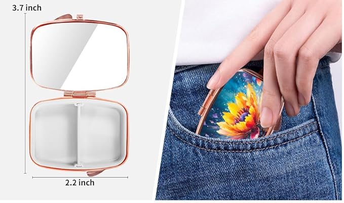 Dynippy Pill Case Pill Box with Mirror Retro Pocket 2 Compartment Medicine Case Vitamin Pill Organizer for Pocket Purse and Travel (Rose Gold - Colorful Flower)