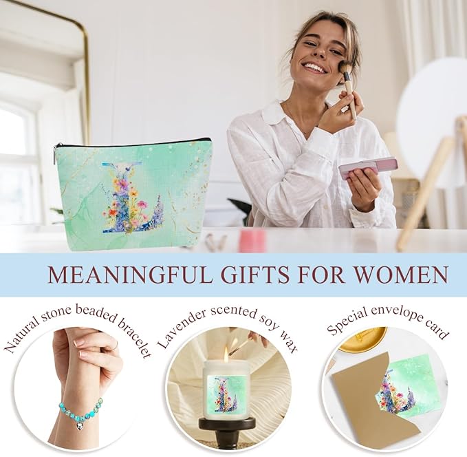 Personalized Gifts Monogrammed Birthday Gifts for Women, Mama New Mom Thanksgiving Wedding Christmas Initial Wine Tumbler Makeup Bag Scented Candle Bracelet Set, (Aesthetic Green Flower L)