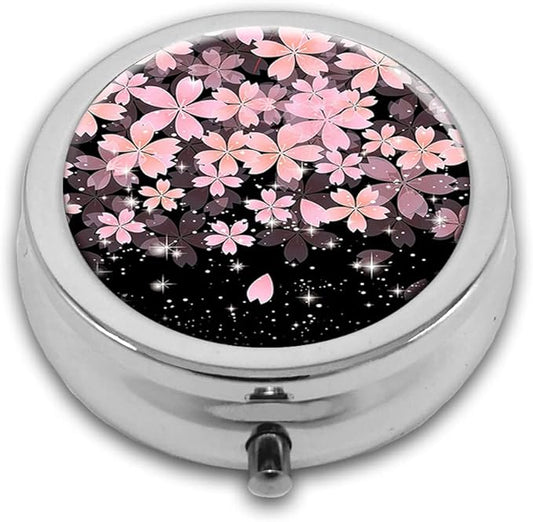 Cherry Flowers Pill Box Purse Pocket Small Round Silver Pill Case Decorative Box Metal Medicine Vitamin Pill Organizer Portable Unique Gift