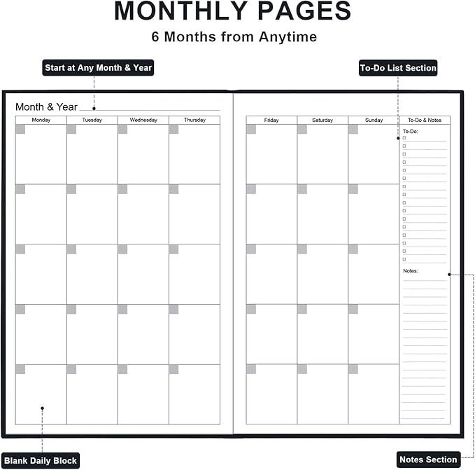 Daily & Monthly Planner for 2025 2026 or Anytime - ADHD Planner Two Pages Per Day, Daily Planner Undated to Increase Focus, Eliminate Overwhelm, Achieve Your Biggest Goals, 5.8'' × 8.3'', Black