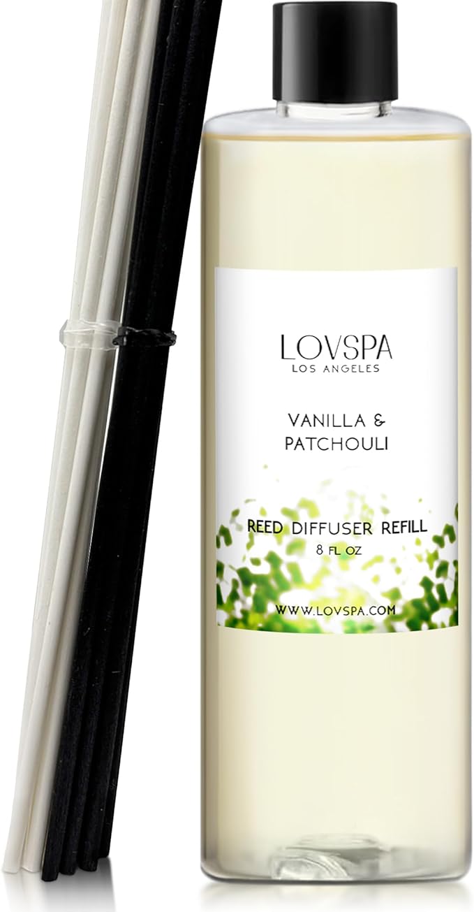 LOVSPA Vanilla & Patchouli Diffuser Oil - Essential Oils for Diffuser Refill & Air Freshener Room Spray - Long-Lasting & Natural Home Fragrance, Scented Oil for Diffusers, USA Made, 8 oz