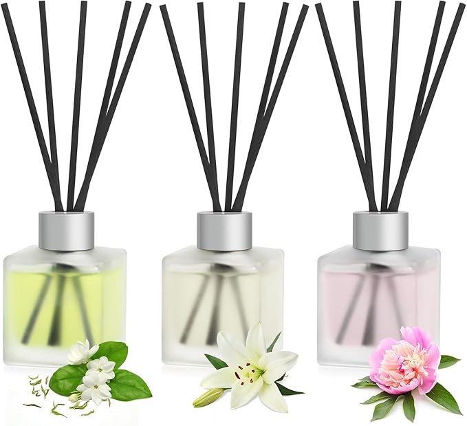 3-Pack Reed Diffuser, Jasmine White Tea/Lily/Peony Scented Oil, Flower Aroma Essential Oil with Diffuser Sticks, Long Lasting Bathroom Air Freshener, Home Fragrance for Room Decor