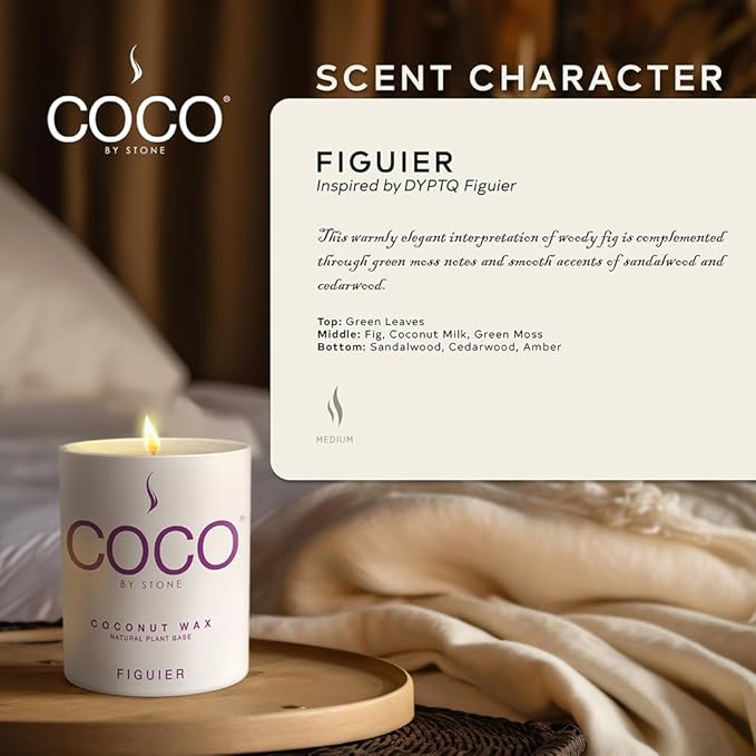 Coco by Stone 6.5oz Candle, Coconut Apricot Wax Candle for Home (Figuier) Home Fragrance Products, 1 Wick Candle, Enhance Indoor Aroma, Vegan & Cruelty-Free, Clean Burning and Hand Poured Candle