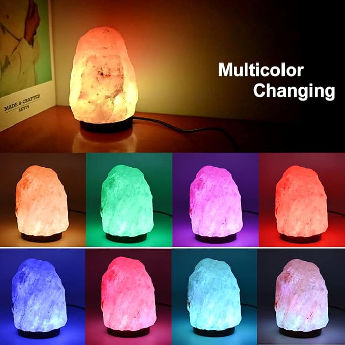 FANHAO USB Himalayan Salt Lamp with 8 Colors Changing, Natural Crystal Salt Rock Lamp Table Lamps for Gifts, Home Décor - Hand Carved, LED Bulb and Real Rubber Wood Base