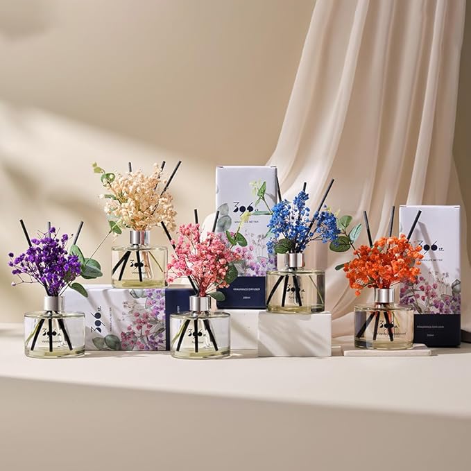 396 st. Preserved Baby's Breath Flower Reed Diffuser, White Musk, 200ml(6.7oz) / Reed Diffuser Sets, Home Fragrance, Scented Oils, Home & Bathroom Décor