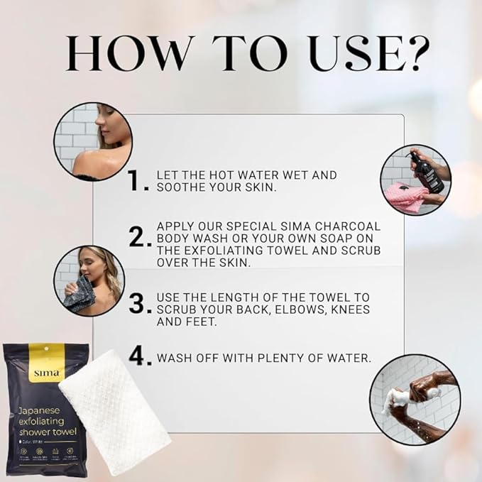 Exfoliating Washcloth Face & Body Scrub Towel - Japanese Exfoliating Towel with Hexagon Fibers, Body Scrubber with 2 Sides for Scrubbing & Washing, Extra Long (White, 3 Pack)