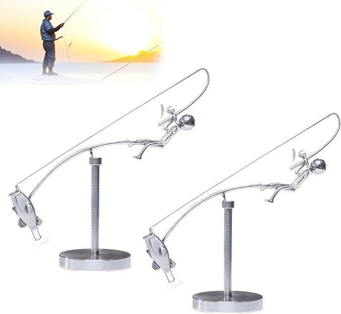 Kinetic Fishing Sculpture - Balance Art for Your Space, Fisherman Kinetic Balancing Desk Toy Fishing Physics Sculpture for Home Office Art Deco, Stainless Steel Balance Physics Toy (2pcs)