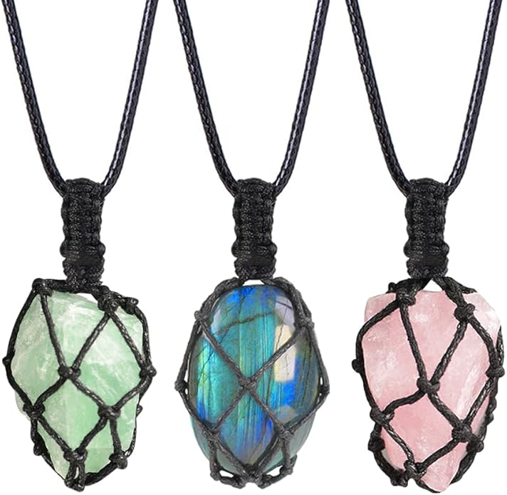 Handmade Natural Gemstone Crystal Pendant Necklace Stone Holder Necklace Cord Net Necklace with Adjustable Length for Women Men