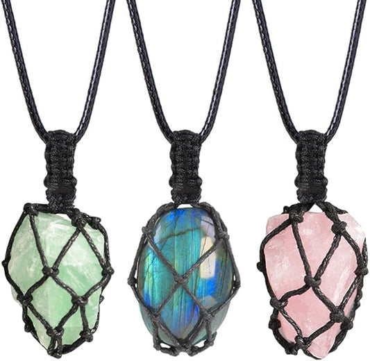 Handmade Natural Gemstone Crystal Pendant Necklace Stone Holder Necklace Cord Net Necklace with Adjustable Length for Women Men