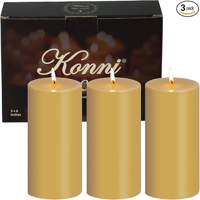 KONNI Mustard Yellow Pillar Candles Set of 3, 3"x 6" Unscented Pillar Candles Bulk, 56 Hours Long Burning Candles, Smokeless&Dripless Large Round Candle for Wedding, Home Decoration, Parties