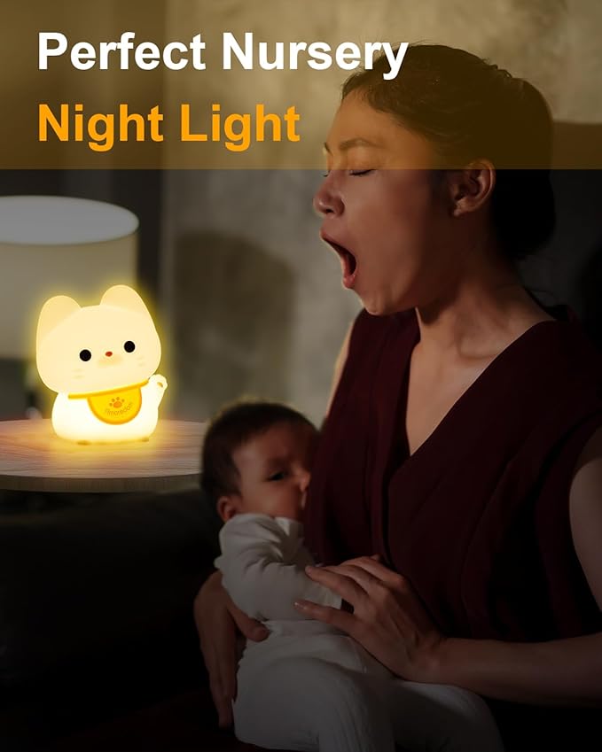 Amaredom Waving Kitten Night Light, Cute Cat Lamp, Silicone Dimmable Nursery Nightlight, Rechargeable LED Bedside Lamp with 20 Minutes Timer & Tap Control Baby Girls Women Bedrooms, Living Room