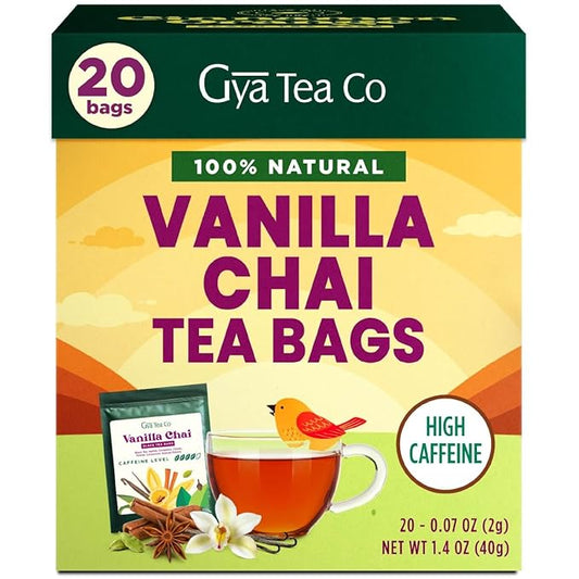 Gya Tea Co Vanilla Chai Tea Bags (20 Bags) - Caffeinated with a Smooth Flavor for Workday - Recharge Yourself with Every Sip - Fruit & Herbal Blends