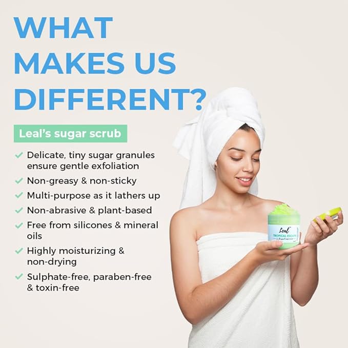 Leal Tropical Exfoliating Body Sugar Scrub, Green Tea Lemon Sugar Face Scrub, Face Polish, Tan Sugar Scrub, Whipped Foaming Vegan Scrub, Sulfate free, Whipped soap scrub dead skin-200 g