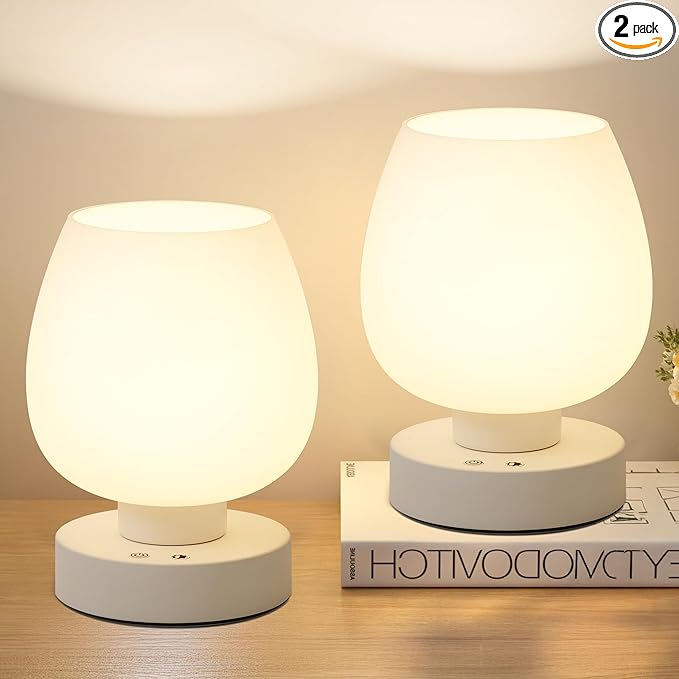 Cordless Touch Bedside Table Lamp set of 2 - Rechargeable Modern Small Table Lamp with White Glass Lamp Shade, Stepless Dimmable & 8 RGB Colors & Memory, Desk Lamp for Nursery Bedroom Nightstand