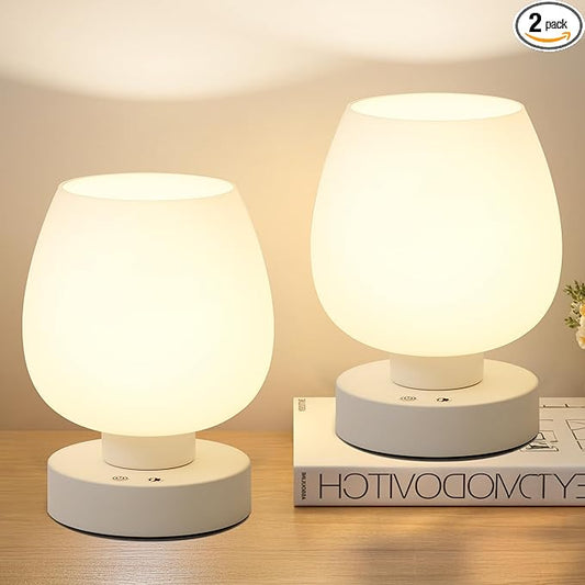 Cordless Touch Bedside Table Lamp set of 2 - Rechargeable Modern Small Table Lamp with White Glass Lamp Shade, Stepless Dimmable & 8 RGB Colors & Memory, Desk Lamp for Nursery Bedroom Nightstand