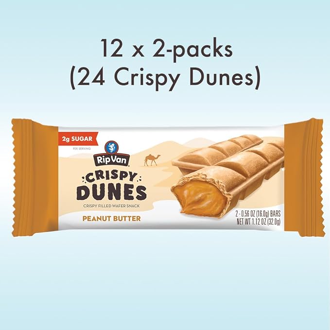 Crispy Dunes Peanut Butter Wafer Sticks – Low-Calorie Snack with Peanut Butter Cream Filling, 90 Calories, Non-GMO, Prebiotic Fiber - 12 Pack