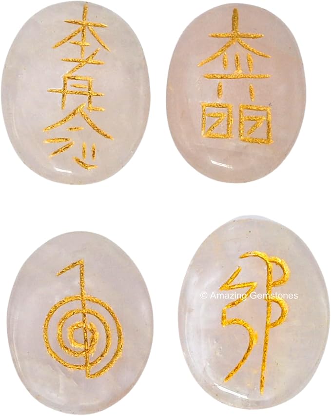 Amazing Gemstone Rose Quartz Crystal Reiki Stones with Engraved Symbols for Usui Reiki Healing, Set of 4 Pcs (Indian Handmade Reiki Gift Set)
