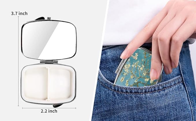 Dynippy Pill Case Pill Box with Mirror Retro Pocket 2 Compartment Medicine Case Vitamin Pill Organizer for Pocket Purse and Travel (Silver-Almond Blossom)