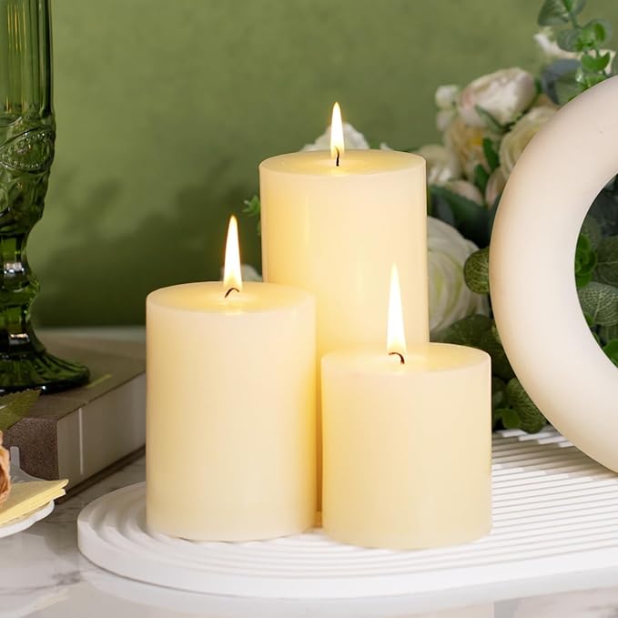 KONNI Ivory Pillar Candles Set of 3, 3"x 3" Unscented Pillar Candles Bulk, 30 Hours Long Burning Candles, Smokeless&Dripless Large Round Candle for Wedding, Home Decoration, Parties, Spas, Dinner