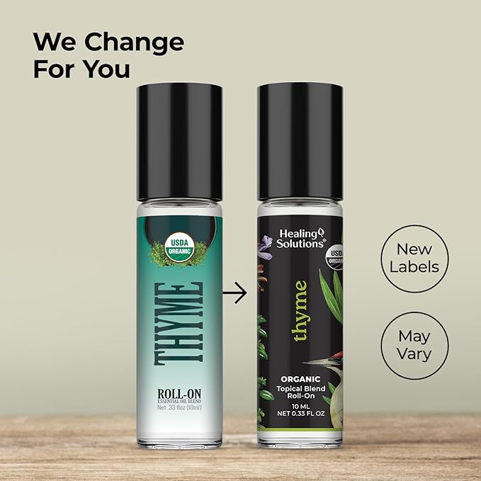 Healing Solutions (2 Pack) USDA Certified Organic Thyme Essential Oil Roll-On for Perfume, Body & Skin - Organic Thyme Oil Aromatherapy Roller