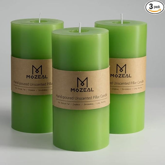 MOZEAL 3" x 6" Hand-Poured Unscented Candle,Dripless Pillar Candle Set of 3,Long Lasting Burning,Approx 120 Hours Burn Time,Rustic Country Style,for Wedding,Dinner,Christmas and Home Decor,Green
