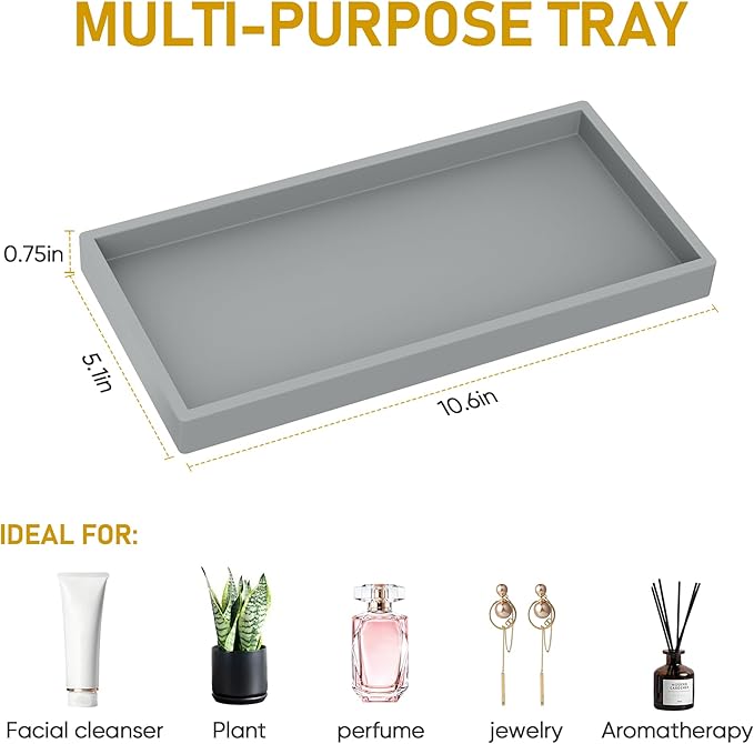 EG-SIPRO Bathroom Counter Tray, Silicone, Rectangular, Gray, Thick, Shatterproof, Soap Dispenser Tray, 10.6'x5.1' or 7.8'x3.9'