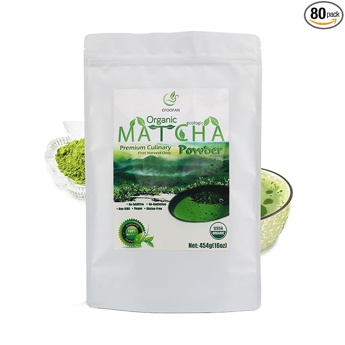EFOOFAN USDA Organic Matcha Green Tea Powder - Premium Culinary Grade (1lb/16oz) - Rich Tencha Flavor, Antioxidant Polyphenols, Non-GMO, Gluten Free, Naturally Caffeined, Additives Free