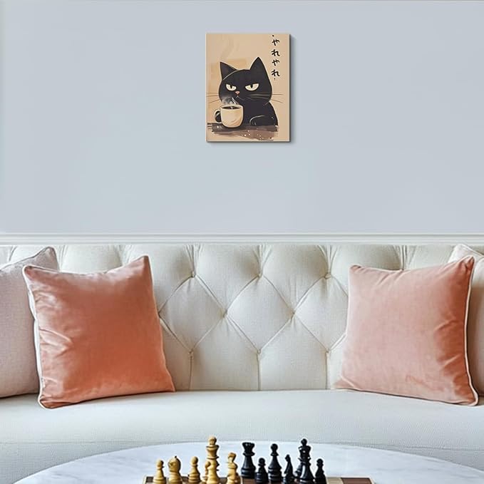 Cute Cat Canvas Wall Art, Minimalist Japanese Cat Drink Coffee Canvas Wall Art, Posters Trendy paintings Aesthetic Decoration, Artwork for Walls Home Living Room Restaurant Kitchen Coffee Bar Decor