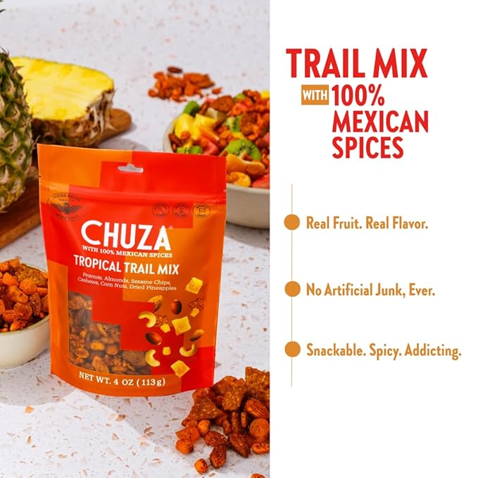 CHUZA Spicy Tropical Trail Mix – Bold & Crunchy Snack with 100% Mexican Spices – Peanuts, Almonds, Cashews, Sesame Chips, Corn Nuts & Dried Pineapples – No Cholesterol, High Protein – 4 oz
