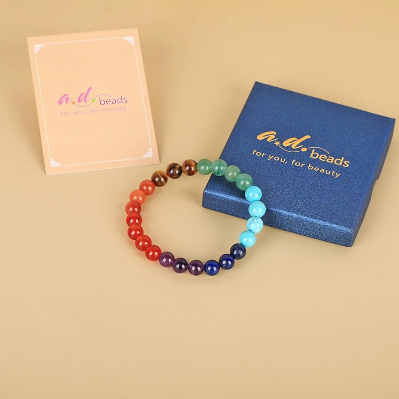 AD Beads Handmade Gemstone Stretch Elastic Bracelet Crystal Healing Reiki Nature's Beauty and Spiritual Essence Unisex (4mm, Seven Chakra Stones (Energy Balancing))
