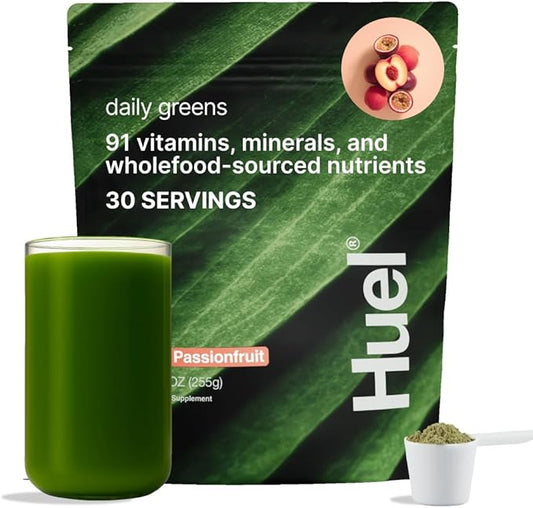Huel Daily Greens Peach Passionfruit | Superfood Greens Powder | 91 Vitamins, Minerals, and Wholefood-Sourced Ingredients | Adaptogens, Antioxidants, Gut-Friendly Probiotics | 30 Servings